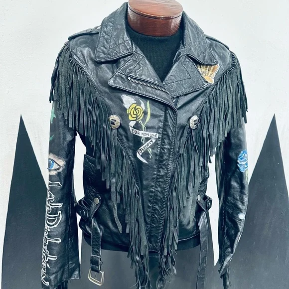 Guns ‘n Roses, One of a Kind, Hand Painted Vintage Black Leather Fringe Jacket